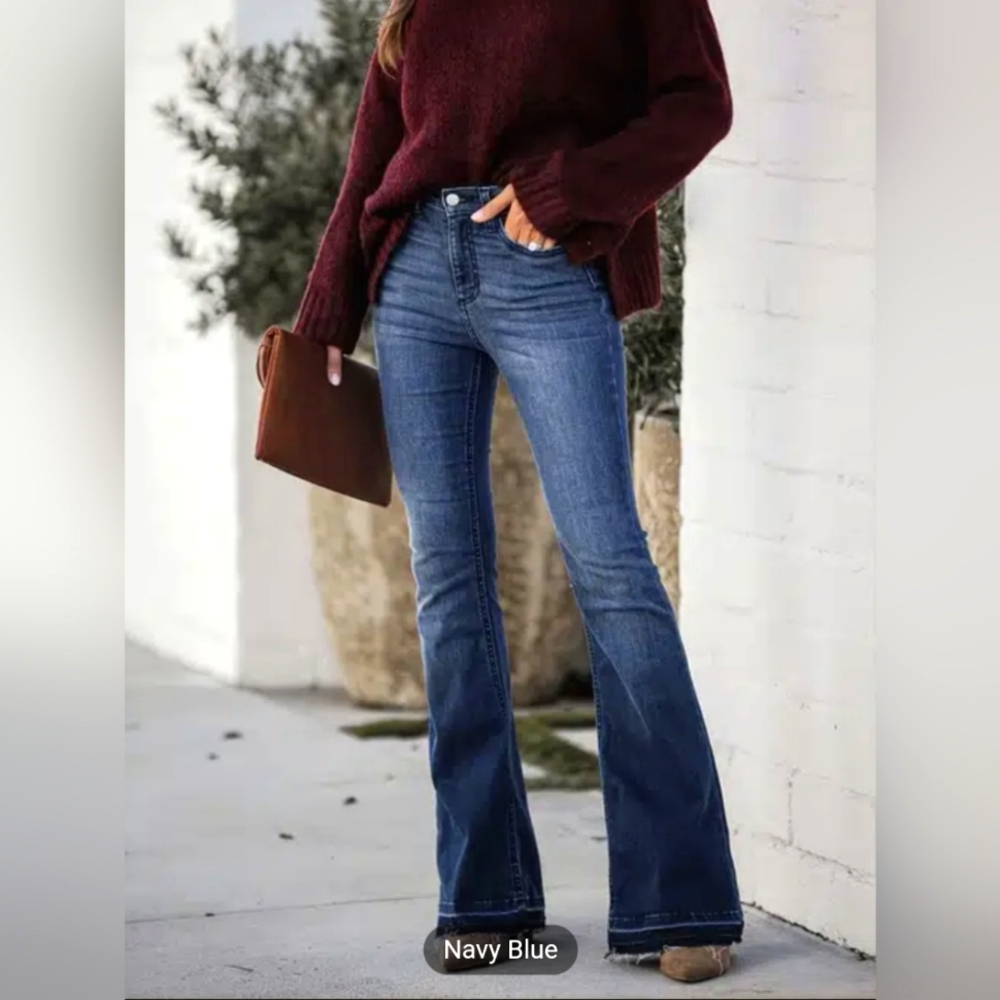 Women's Navy Blue Mid Rise Slim Fit with Classic Flare Leg Raw Hem Denim Jeans